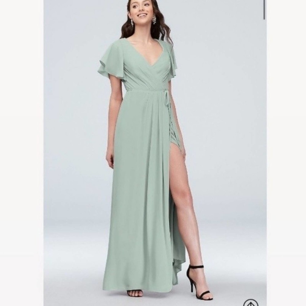 DAVID'S bridal DB studio sage green bridesmaid maxi wrap dress flutter sleeves